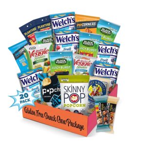 Snack Box Gluten Free Healthy Snacks Care Package (20 Count) for College Students, Exams, Father's Day, Mothers Day,Military, Finals, Office and Gift Ideas. Chips, Popcorn, and granola Bars.